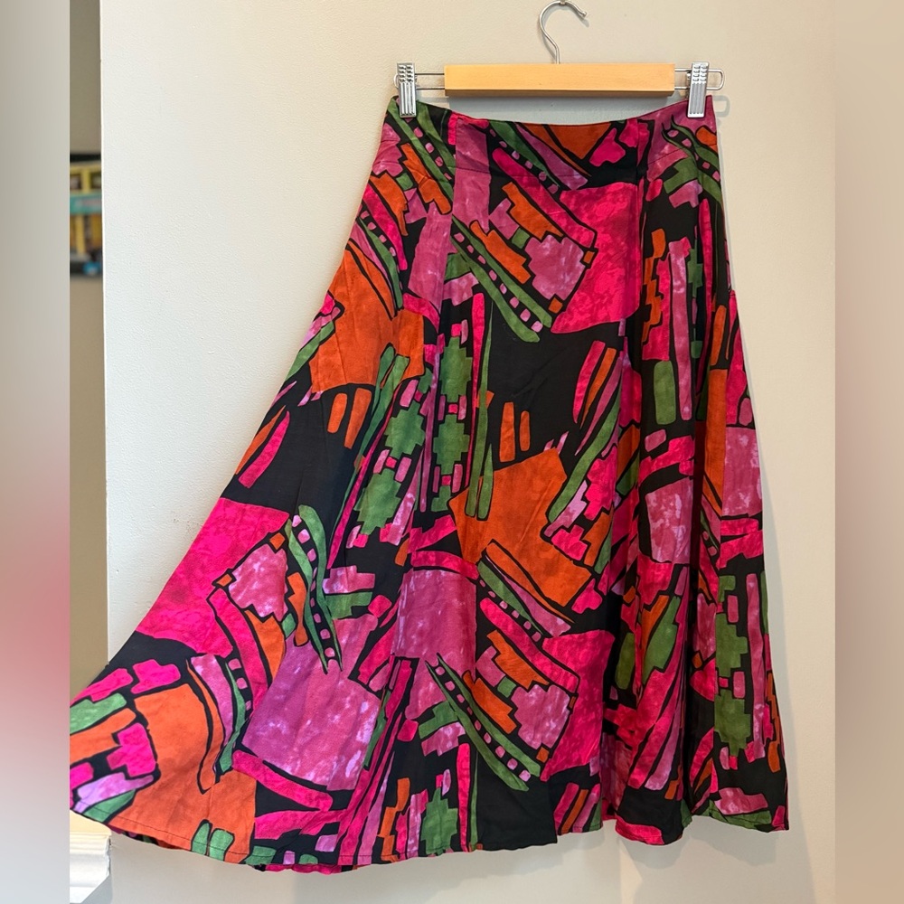 VINTAGE 80s Midi Abstract Art Work -  Front Button Closure Skirt - S - Picture 10 of 11